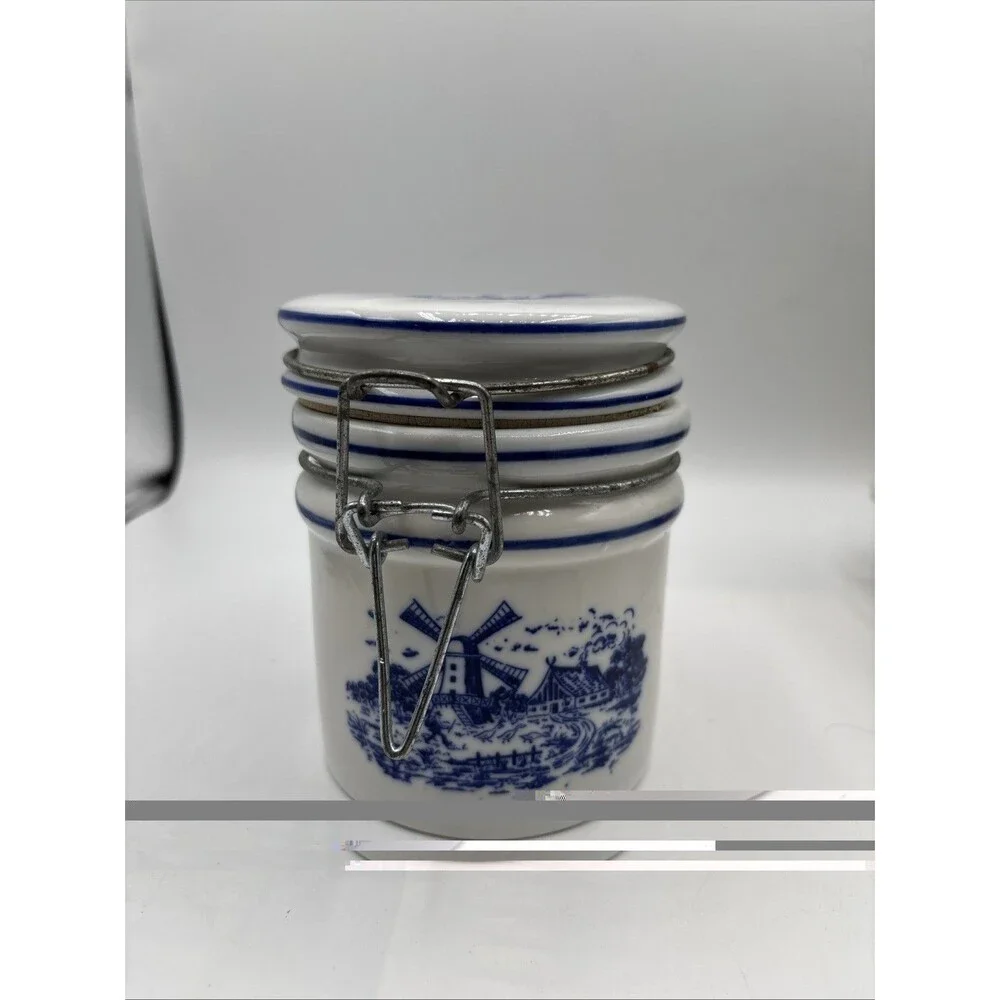 Vtg Teleflora Delft Blue White Dutch Windmill canister jar crock 5